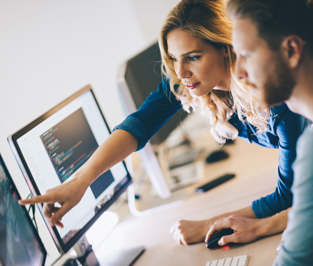 man and women working closely